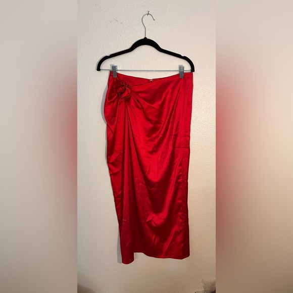 VICI Red Satin High-Waisted Midi Skirt with Rosette – Size M (NWT) - Picture 1 of 5